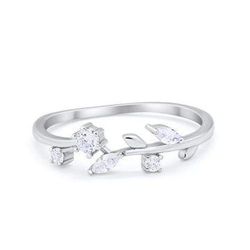 Fashion Leaf Ring Round Eternity Simulated Cubic Zirconia 925 Sterling Silver